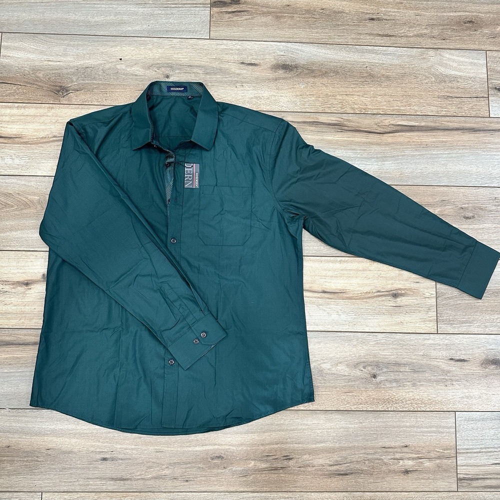 HISDERN Mens Green Button Up Dress Shirt- Size XL- 17.5